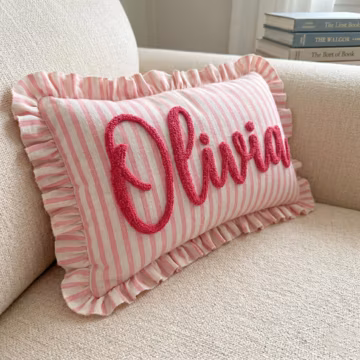 Personalized Striped Ruffled Punch Needle Throw Pillow: Embroidered Name Baby Gift for Nursery