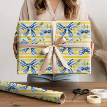 Watercolor Bow Wrapping Paper, Bridal Shower Gift Wrap, Floral Bow Gift Paper, Wedding Shower Wrap, Preppy Blue Bow Gift Wrap For Bride