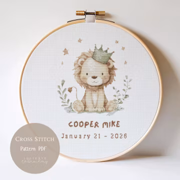 Baby Lion Personalized Baby Birth Announcement,Cross Stitch Pattern, Custom Newborn Stats ,Baby Shower,Nursery Decor PDF| 407