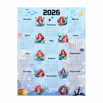 2026 Calendar, Princess Ariel Calendar, Printable Kids Calendar, Little Mermaid Calendar, instant download