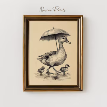 Vintage Duck with Umbrella Line Art Print, Mother Duck and Ducklings Sketch Poster, Cottagecore Nursery Decor, Antique Engraving Wall Art