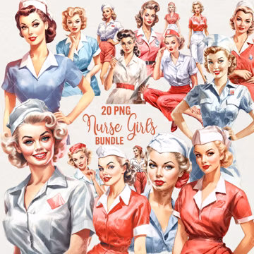 Watercolor Nurse Clipart: Retro Girls PNG Set (20 Images)