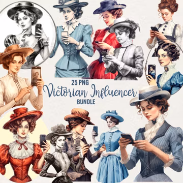 Victorian Influencer Clipart: Watercolor Lady PNG Bundle (25 Images)