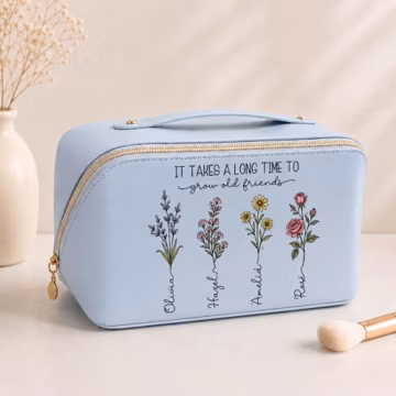 Custom Name & Birth Month Flowers Leather Cosmetic Bag, Personalized Besties Vanity Makeup Case, BFF Gifts, Aesthetic Floral Bag For Her