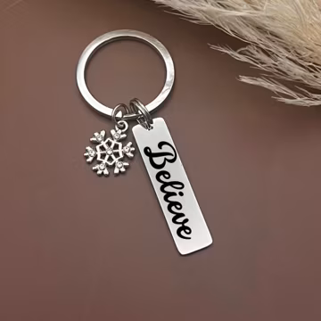 Personalized Believe Christmas Keychain: Stainless Steel Snowflake Charm