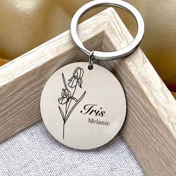 Custom Iris Birth Flower Stainless Steel Keychain - Personalized May Birthday Gift