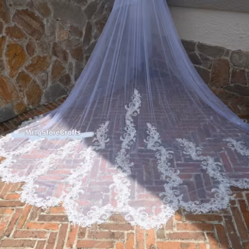 Elegant Ivory Lace Wedding Veil: Scalloped Cathedral Bridal Veil, Two Tiers