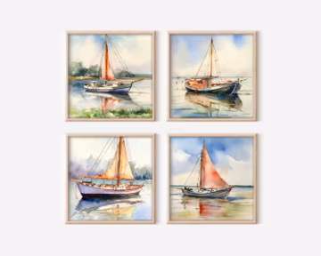 Sloop Digital Download, Set of 4 High-Resolution Boat Clipart PNG Images, Printable Boat Art, Commercial License Instant Download