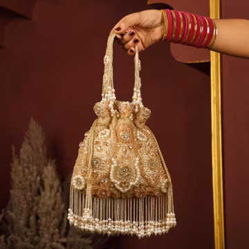 Golden Velvet Potli Bag | Pearl Beaded Indian Wedding Purse, Evening Clutch