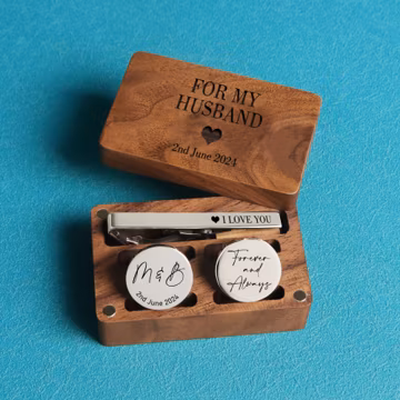 Personalized Cufflinks, Tie Clip & Rectangle Gift Box - Wedding Day Cuff links Groom, Fiance Gifts, Birthday or Anniversary Gift for Husband