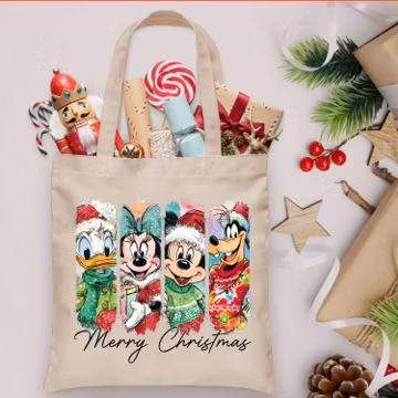 Mickey and Friends Merry Christmas Tote Bag: Disney Holiday Tote, Disneyland Xmas Gift Bag