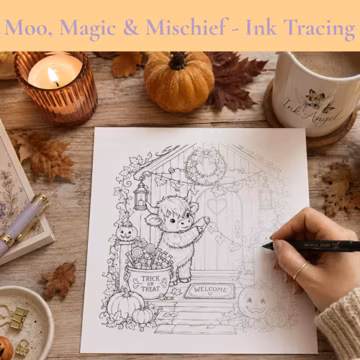 Highland Cow Halloween Ink Tracing Pages, Fall Coloring Book, Printable Cow Line Art PDF