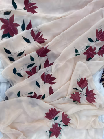 Hand-Painted Floral Chinon Saree: Beige Saree with custom blouse stitching