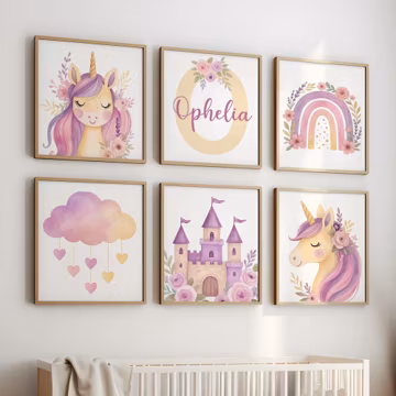 Purple Unicorn Nursery Print Set of 6, Unicorn Girls Room Decor, Unicorn Wall Art, Princess Castle Print, Purple Theme Room, Unicorn Poster
