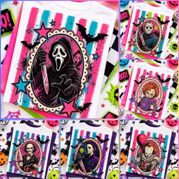 Retro Horror Villains PNG Bundle | Vintage Neon Slasher Shirt Designs | Halloween Sublimation PNG | Digital Download