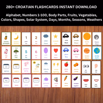 280+ Croatian English Flashcards Bundle | Alphabet, Numbers, Colors, Shapes (Instant Download)