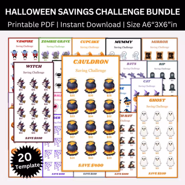 A6 Halloween Savings Challenge Printable Bundle, Mini Halloween Saving Challenges, Money Saving Tracker, Budget Binder, Envelope Challenge