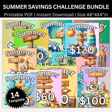 Summer Saving Challenge Printable Bundle, Summers Vacation Money Saving Envelopes Challenges, A6 Size Summer, Autumn Fun Budget Trackers