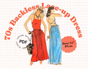 Sewing Pattern PDF Vintage – 70s backless dress pattern with ties, midi or maxi, lace up, criss cross back, bust 34, very easy dress pattern