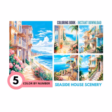 Color By Number for Adult,Paint by Number Printable,5 Seaside House Scenery,Procreate Coloring Page,Sheet Digital Download,Coloring Book1088