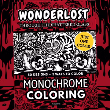 Wonderlost Monochrome Coloring Book, Dark Alice Inspired Gothic Fantasy, One Color Stress Relief Printable Pages PDF PNG, 50 Designs