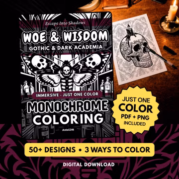 Dark Academia Gothic Monochrome Coloring Book, One Color Stress Relief Printable Pages PDF PNG (50 Designs)