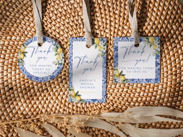 Thank You Tags For Bridal Shower Lemon & Tiles. Main Squeeze Favor Tag. Printable Editable Template. Positano Blue Tile Lemon Sticker. WS06