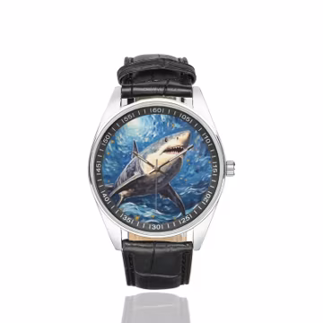 Starry Night Shark Watch: Silver-Tone & Black Leather Band