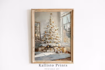 White Christmas Tree, Gold Ornaments, Winter Scene Printable Art (Digital Download)
