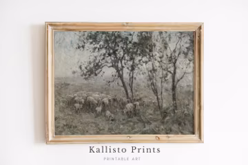 Pastoral Elegance - Sheep Flock in Rustic Landscape Print, Classic Shepherd Artwork/218