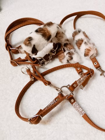 4in1 Breastplate, bridle reins for Hobby Horse Brown + Panther diamonts