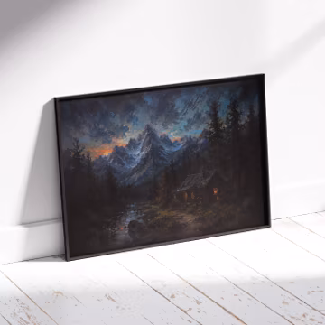 Moody Night Mountain Wall Art, Cozy Cabin Oil Painting Digital Download, Dark Cottagecore Forest Print, Twilight Landscape Poster