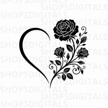 Floral Heart SVG PNG, Black Rose Silhouette Clipart (Digital Download)