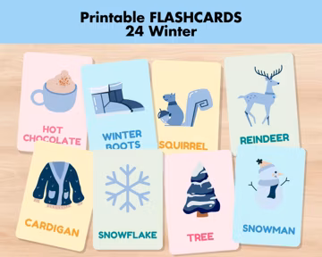 24 Winter Flashcards, Winter Vocabulary Nature Cards,Printable Montessori Flash Cards,Pre-School Seasons Activity,Educational Back to School