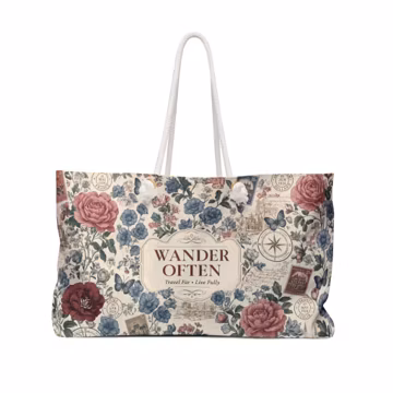Wander Often Weekender Bag | Vintage Floral Travel Tote, Compass & Postcard Design