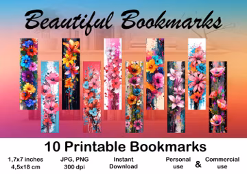 Flowers Bookmark Printable Set of 10 Romantic Spring Flower Colorful Design Beautiful Book Lover Gift DIY Decorative Bookmark Ideal Gift