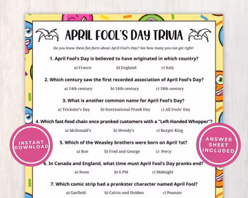 April Fool's Day Trivia Printable Game for Kids and Adults, 10 Trivia Questions with Multiple Choice, Great for Classrooms, Instant Download