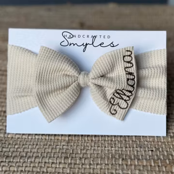 Embroidered Baby Bow Headband: Custom Monogram Waffle Knit Beige Headwrap