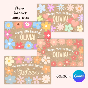 Floral Blossom Birthday Banner Template, 60x36in, Photo Prop Backdrop, Canva Editable, Project Trace Paint (Digital Download)
