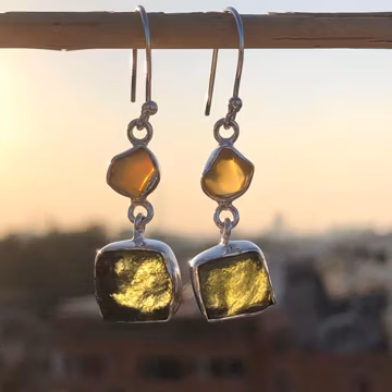 Handmade Sterling Silver Moldavite & Opal Dangle Earrings