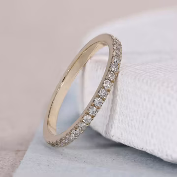 Round Cut Diamond Wedding Band, Thin Yellow Gold Stackable Ring, Half Eternity Diamond Ring, Delicate Pavé Bridal Band for Her