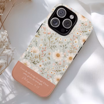 Personalized Phone Case For iPhones, Add Your Favorite Bible Verse, Phone Case for Christian Women, Sage Green & Blush Floral Daisy Design