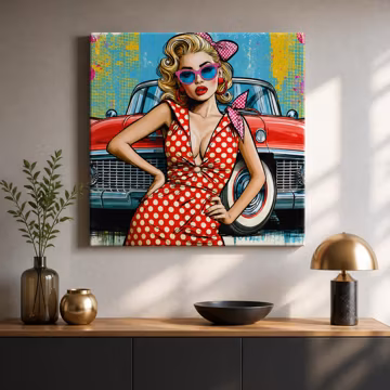 Retro Pin Up Canvas Wall Art, Vintage Car Girl Print, Colorful Pop Art Decor for Living Room Bedroom