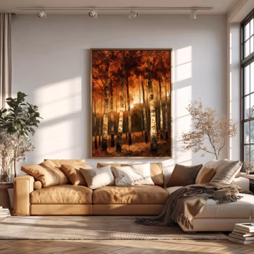 Modern Abstract Autumn Birch Forest Oil Painting Digital Download, Rich Orange & Gold Landscape Wall Art, Rustic Fall Trees Canvas