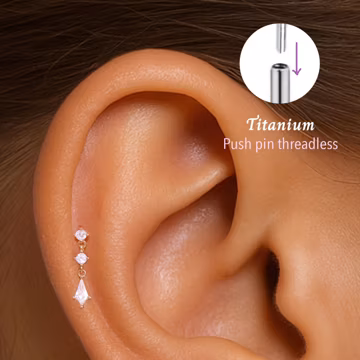 20G/18G/16G CZ Dangle Push pin threadless Labret • Cartilage Earring • Tragus • Conch Stud •Cartilage Stud •Flat back •Titanium stud
