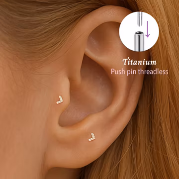20G/18G/16G Cz V-shape Push pin threadless Labret • Cartilage Earring • Tragus • Conch Stud • Cartilage Stud •Flat back •Titanium stud