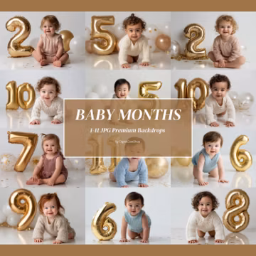 1-11 Baby Months Set Digital Backdrops, Monthly Baby Numbers, First Year Birthday Backgrounds, Gold Balloon Child Photoshoot JPG