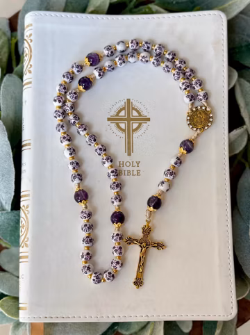 Purple Floral Porcelain Rosary • Amethyst Quartz Beads • Antique Gold Crucifix • Heirloom Catholic Prayer Beads