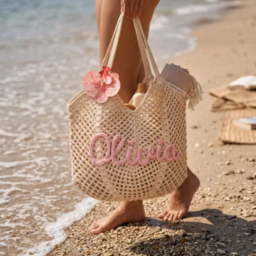 Personalised Beach Tote Bags, Custom Floral Crochet Bride Beach Bags, Knit Beach Vacation Wedding Favour, Gift for Mom, Bridesmaid Gifts