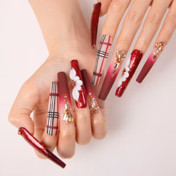 Red luxury 3D flower Shiny Press On Nails|Red shiny wave fake nails|Handmade salon nails|long coffin nails|H345|Lovful